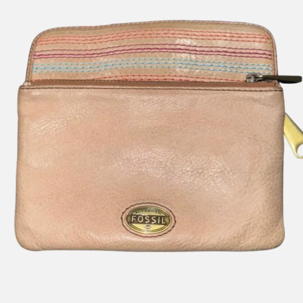 🗝Fossil Explorer Tan Leather Front Colored Stitch Accent Clutch Wallet YKK Zips